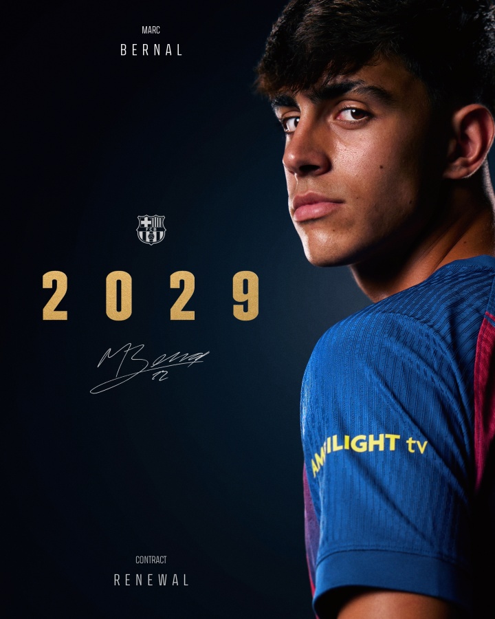 留住未来！官方：巴萨与18岁伯纳尔续约至2029年，据悉解约金5亿